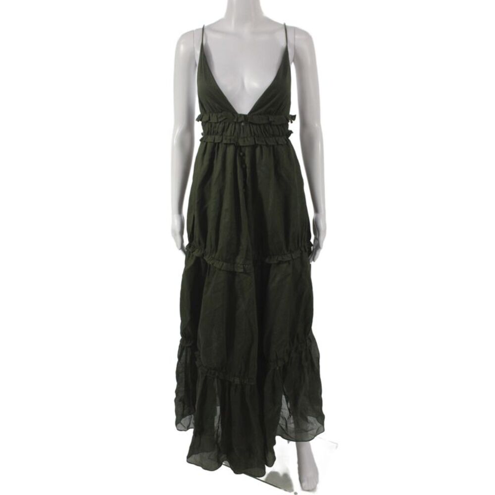 Joslin Womens Maxi Dress Green Linen V-Neck Knee-Length Sleeveless Size 0